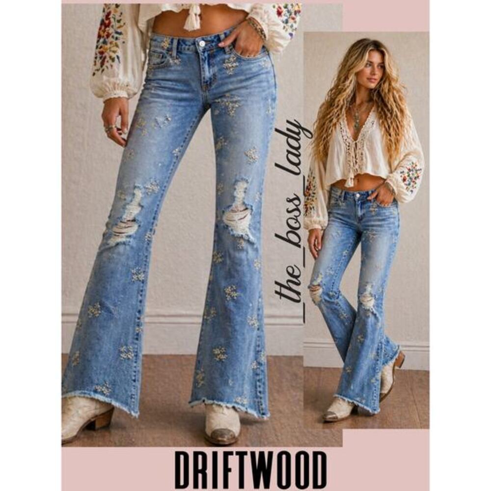 Driftwood x Free People flare pants floral embroidery jeans boho western 30